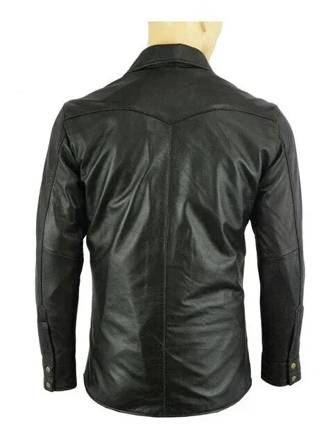 Western Black Original Leather Shirt for Men | Premium Full-Grain Snap-Button Shirt