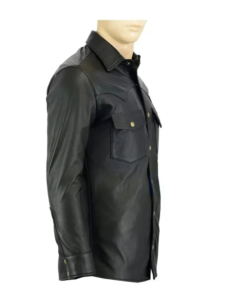 Western Black Original Leather Shirt for Men | Premium Full-Grain Snap-Button Shirt