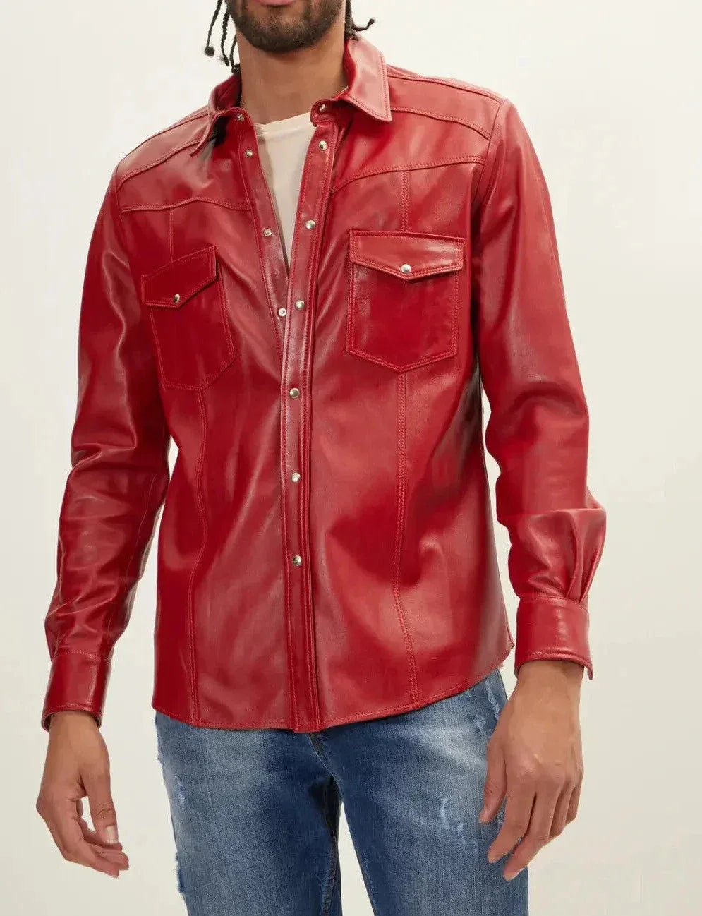 Red Leather Shirt - Premium Full-Grain Leather Shirt for Men