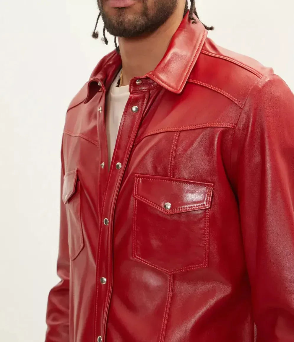 Red Leather Shirt - Premium Full-Grain Leather Shirt for Men
