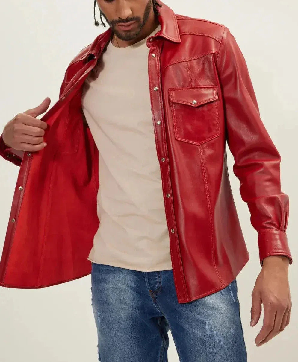 Red Leather Shirt - Premium Full-Grain Leather Shirt for Men
