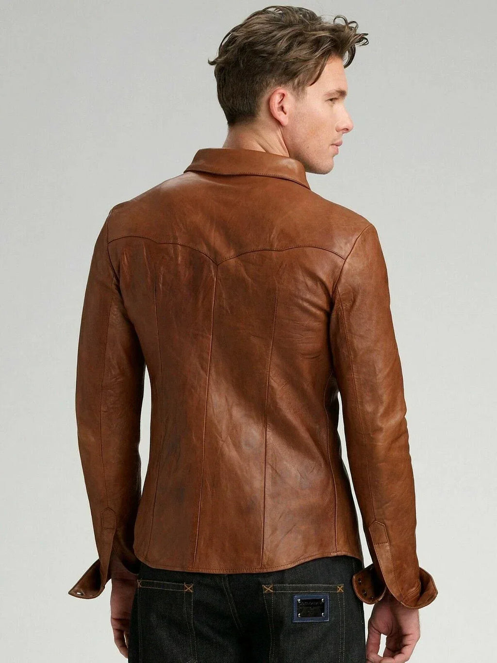 Tan Original Leather Shirt Jacket - Premium Full-Grain Leather Overshirt for Men
