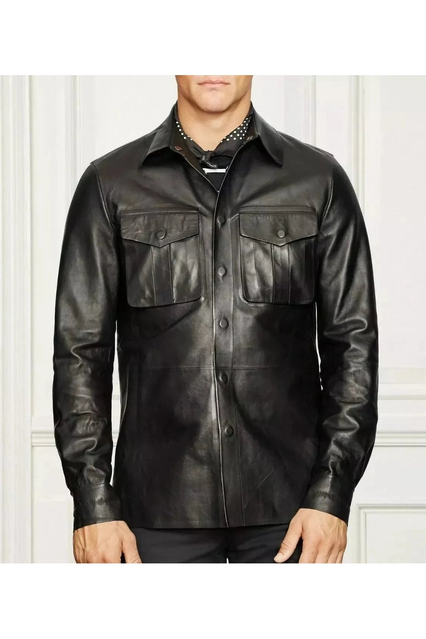 Black Leather Shirt Jacket - Premium Full-Grain Leather Overshirt for Men