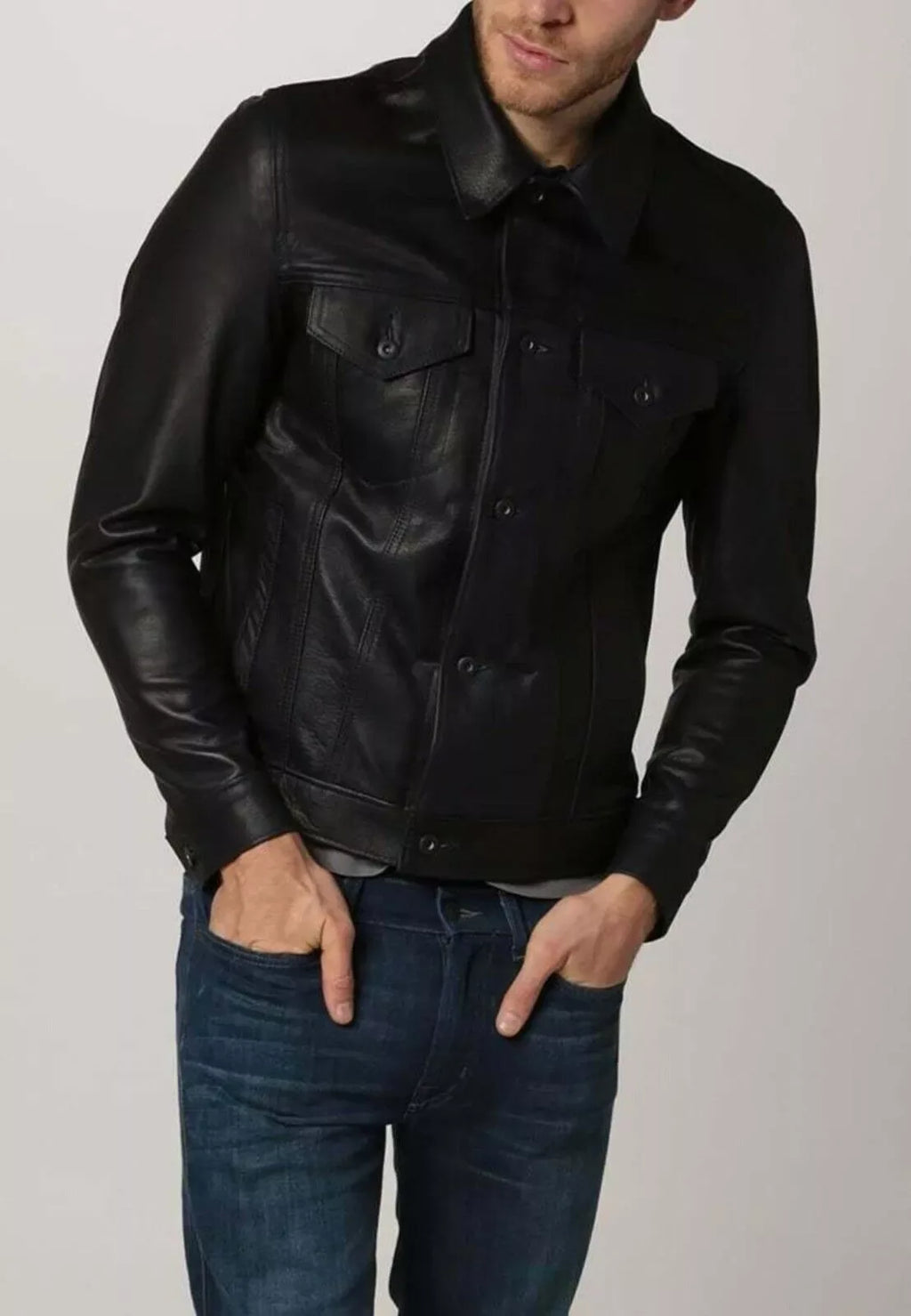 Black Leather Trucker Jacket - Premium Full-Grain Leather Jacket for Men