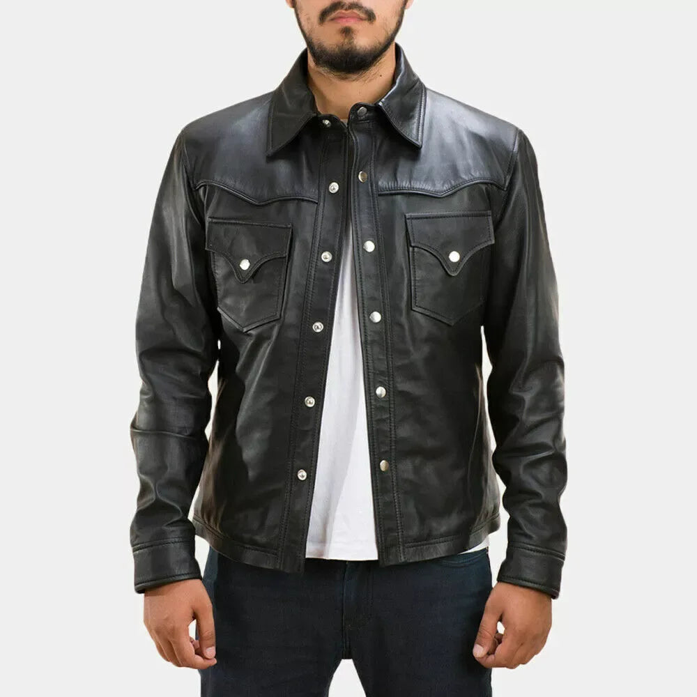 Black Leather Western Shirt Jacket - Premium Full-Grain Leather Jacket for Men
