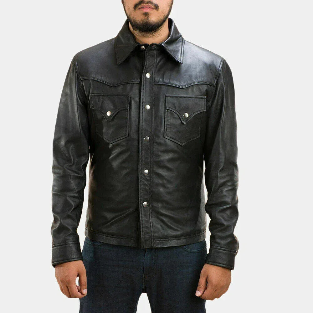 Black Leather Western Shirt Jacket - Premium Full-Grain Leather Jacket for Men