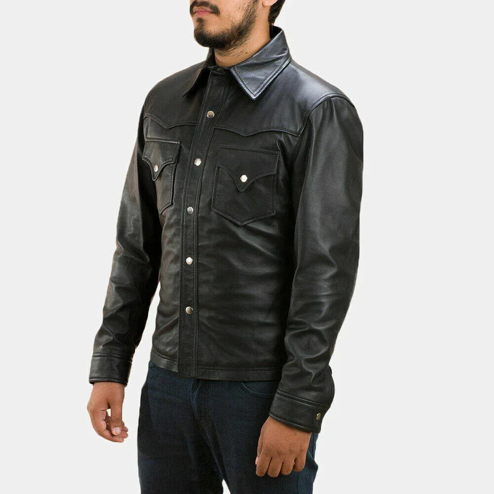 Black Leather Western Shirt Jacket - Premium Full-Grain Leather Jacket for Men