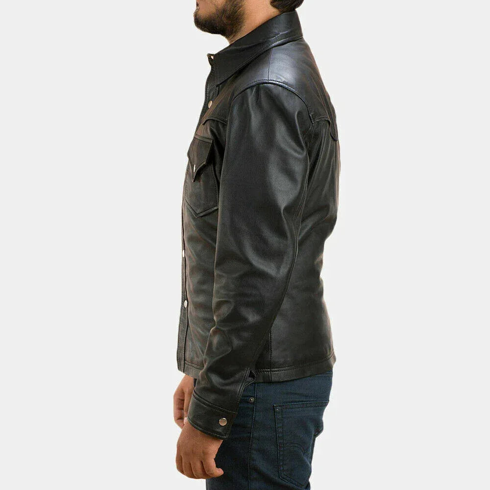 Black Leather Western Shirt Jacket - Premium Full-Grain Leather Jacket for Men