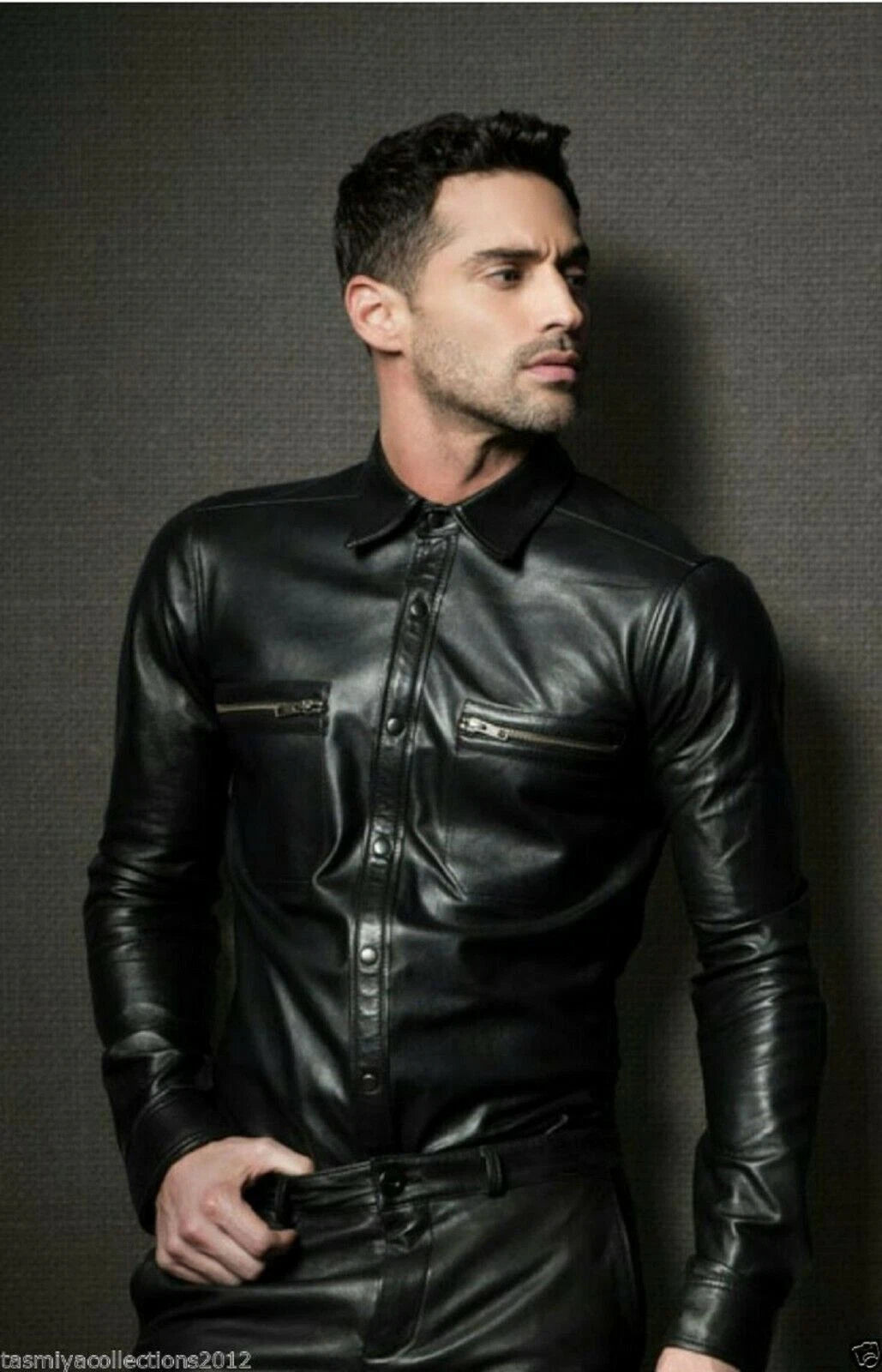Original Black Leather Shirt - Premium Full-Grain Leather Shirt with Zipper Pocket