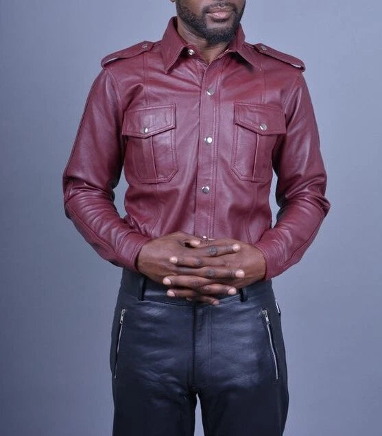 Burgundy Leather Military Shirt - Premium Full-Grain Leather Shirt for Men