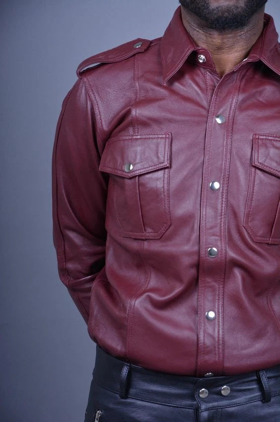 Burgundy Leather Military Shirt - Premium Full-Grain Leather Shirt for Men