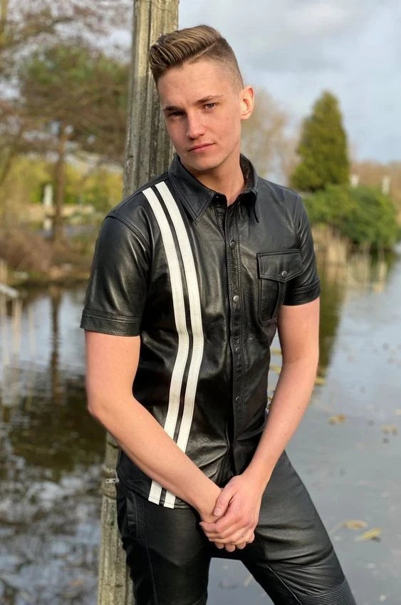 Black Leather Racing Shirt - Short-Sleeve Leather Shirt with White Stripes