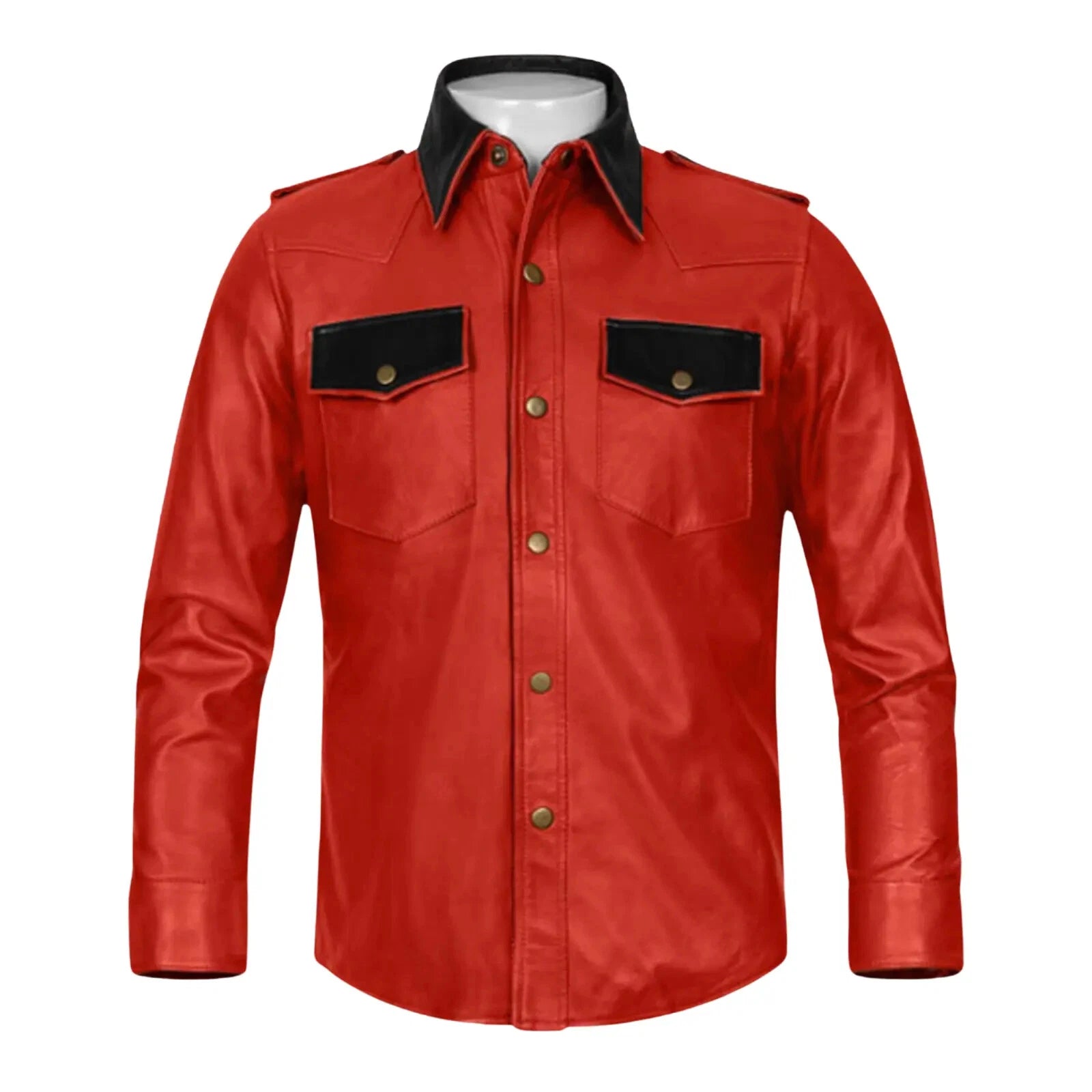 Original Red Leather Shirt with Black Contrast Collar & Pockets - Premium Full-Grain Leather