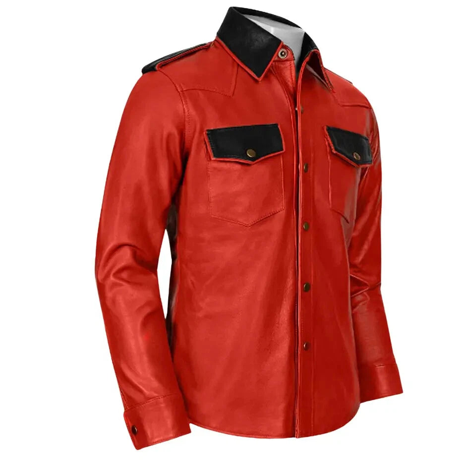 Original Red Leather Shirt with Black Contrast Collar & Pockets - Premium Full-Grain Leather
