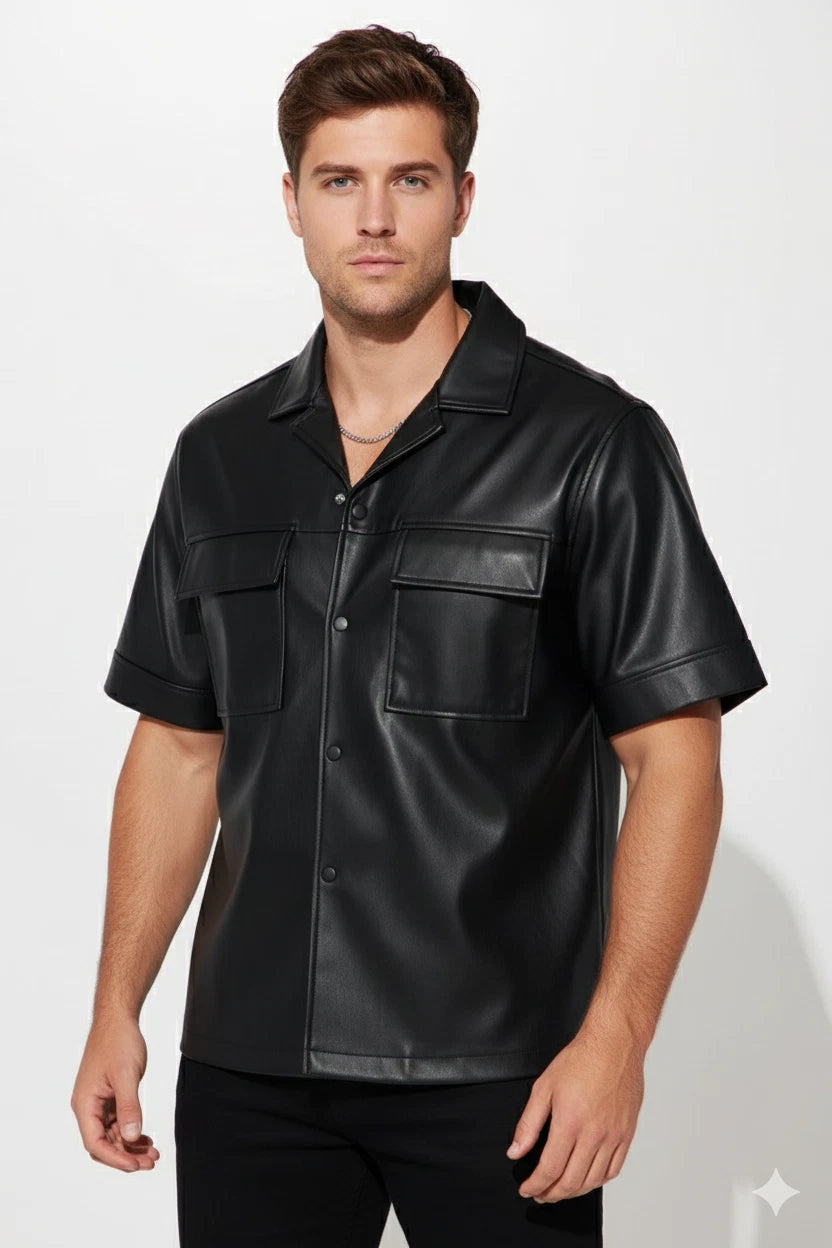Black Short-Sleeve Leather Shirt - Premium Full-Grain Leather with Chest Pockets