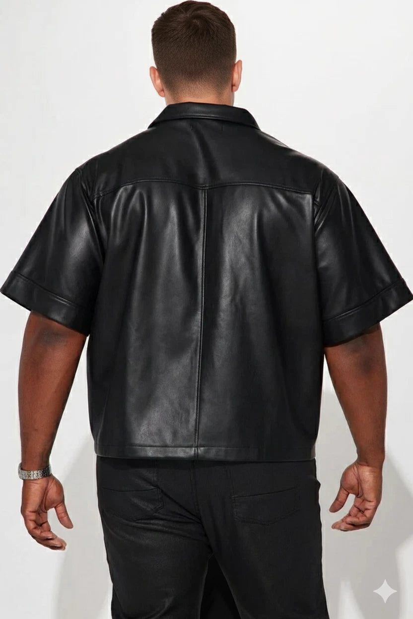 Black Short-Sleeve Leather Shirt - Premium Full-Grain Leather with Chest Pockets