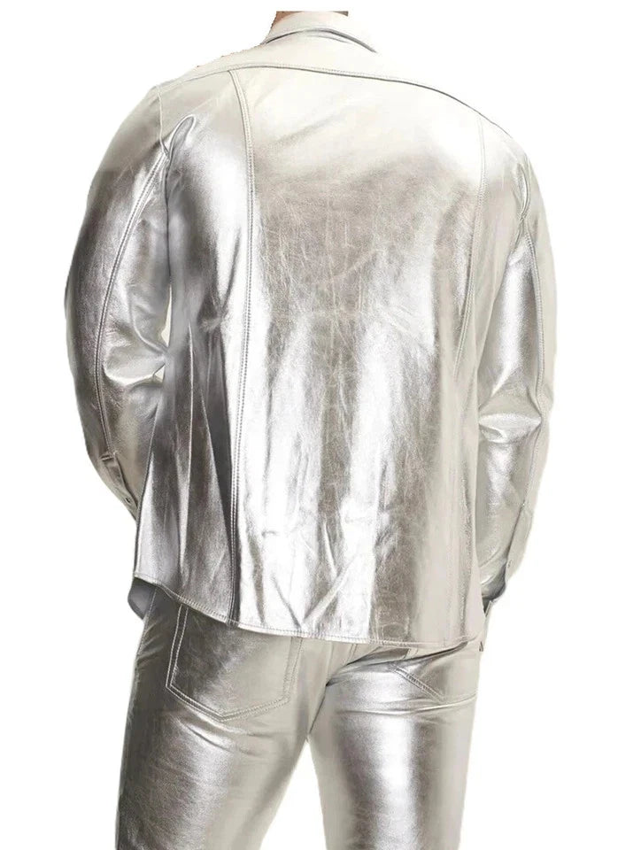 Silver Metallic Leather Shirt - Premium Full-Grain Leather with Chest Pockets