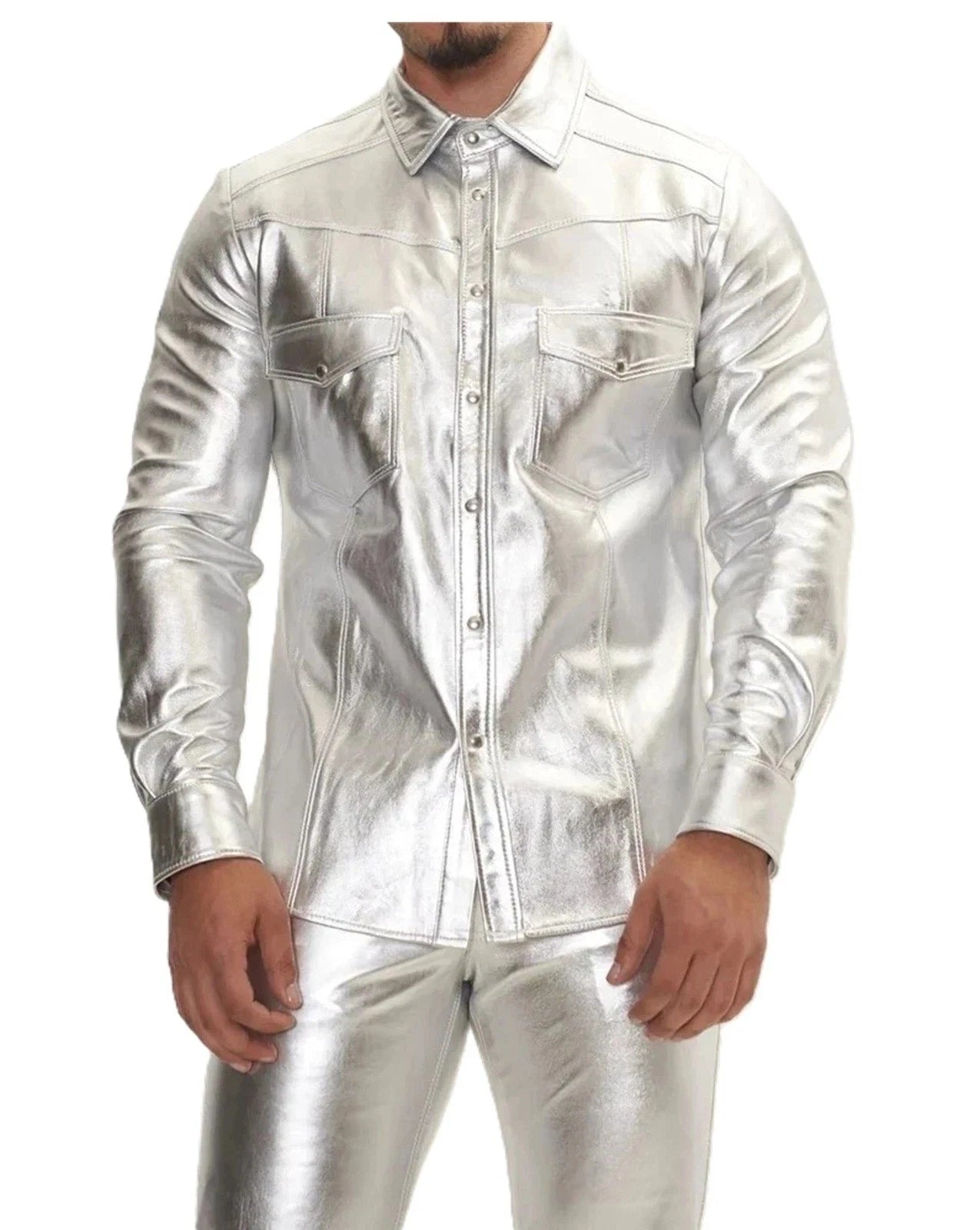 Silver Metallic Leather Shirt - Premium Full-Grain Leather with Chest Pockets