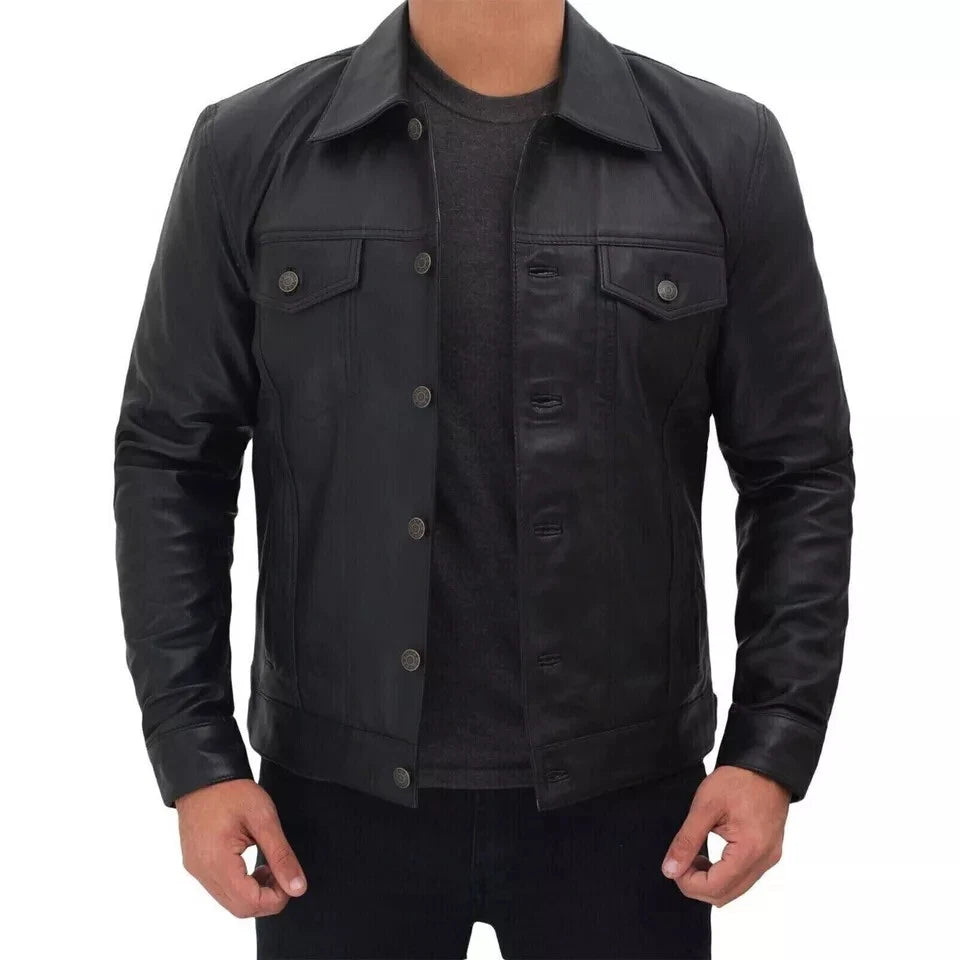 Black Leather Trucker Jacket - Premium Full-Grain Leather with Chest Pockets