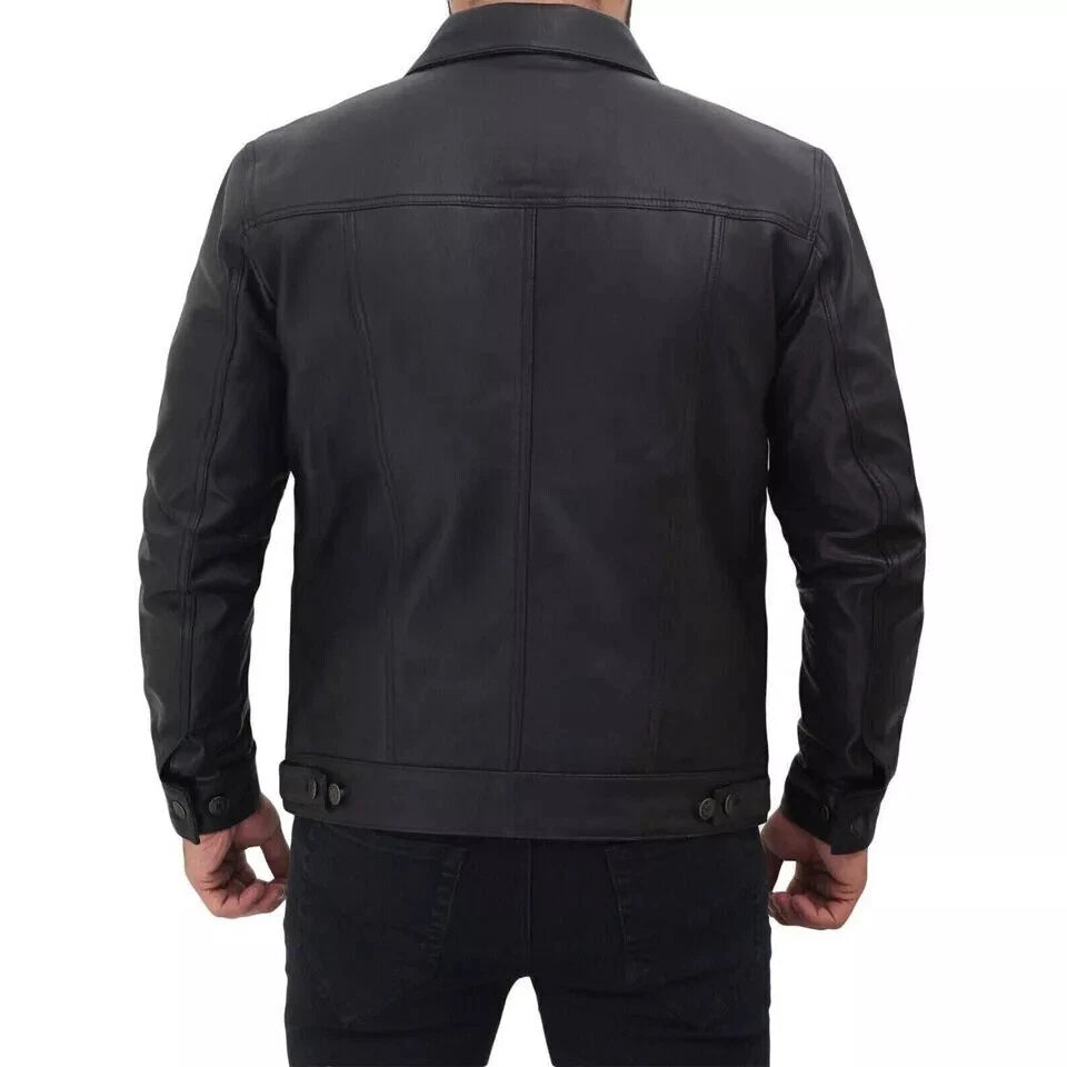 Black Leather Trucker Jacket - Premium Full-Grain Leather with Chest Pockets