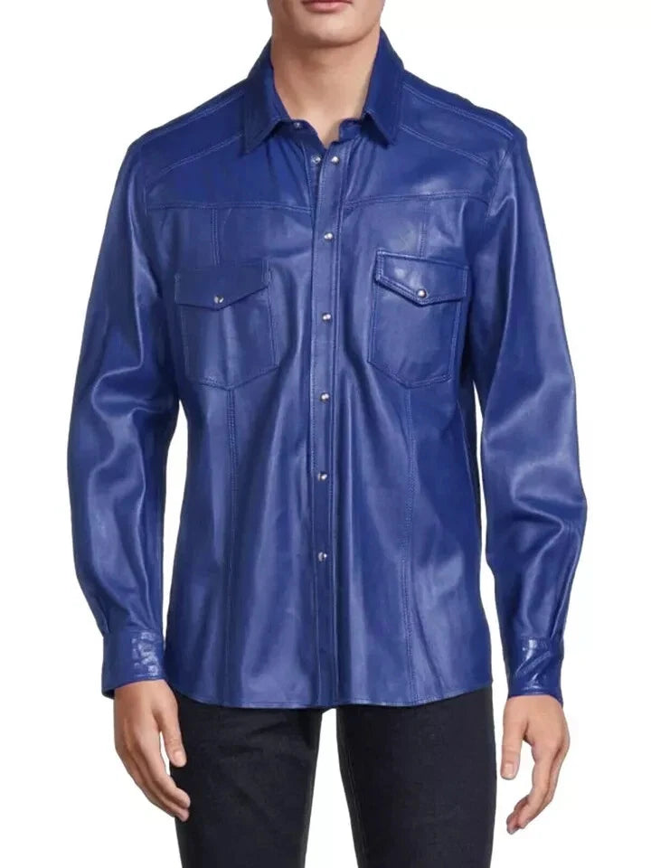 Blue Leather Shirt - Premium Full-Grain Leather with Chest Pockets