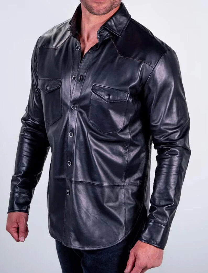 Black Polished Leather Shirt - Premium Full-Grain Leather with High-Shine Finish