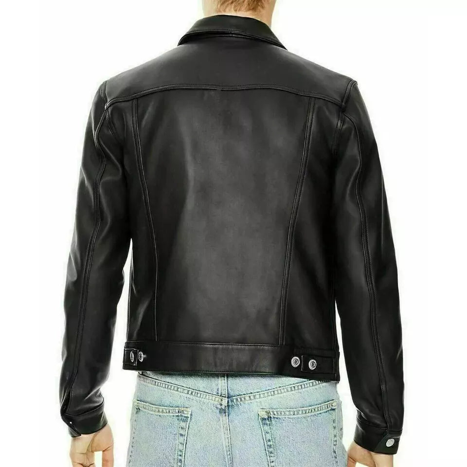 Black Leather Trucker Jacket - Premium Full-Grain Leather Denim Style