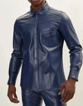 Navy Blue Leather Shirt - Premium Full-Grain Leather with Chest Pocket