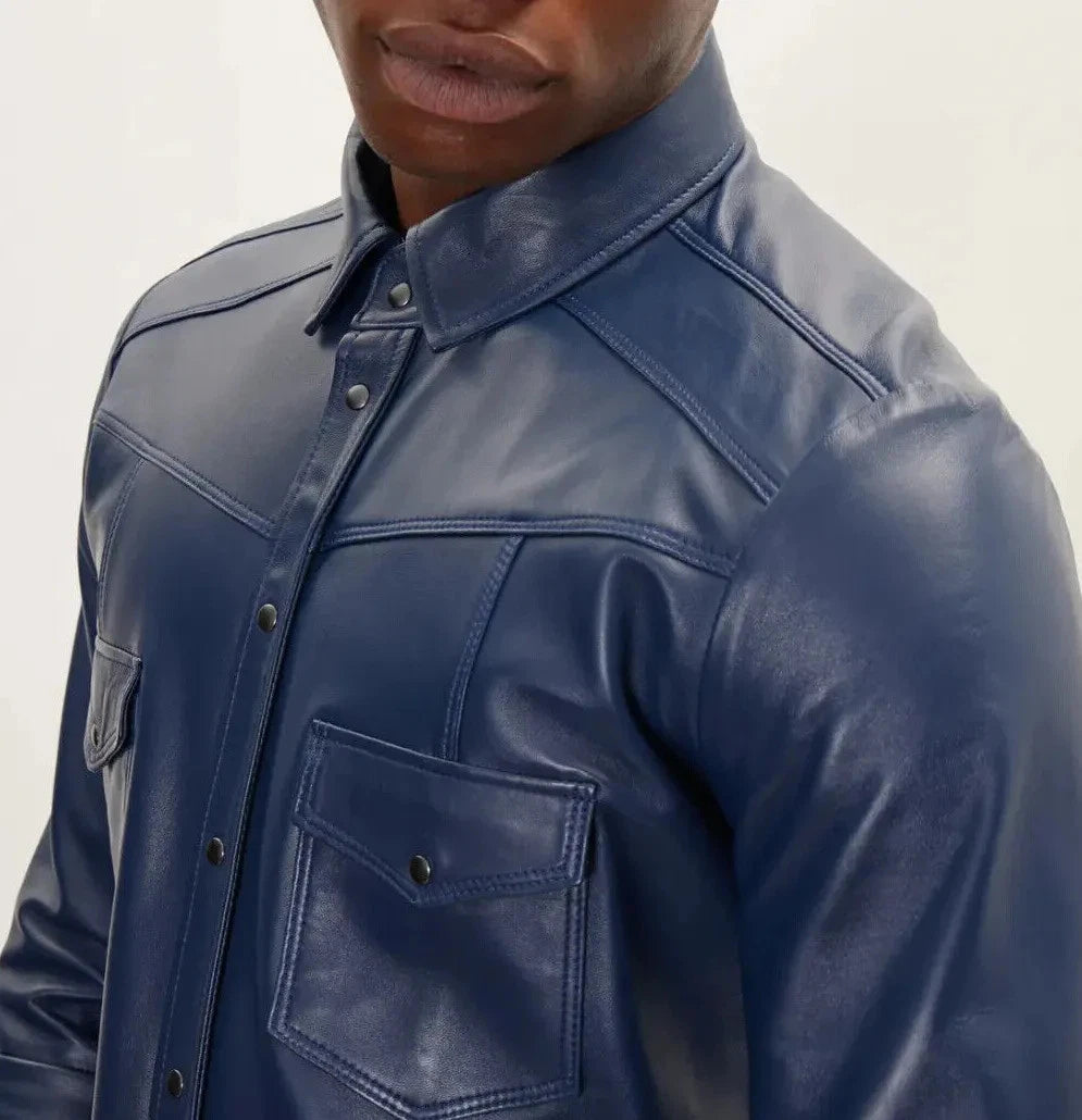 Navy Blue Leather Shirt - Premium Full-Grain Leather with Chest Pocket