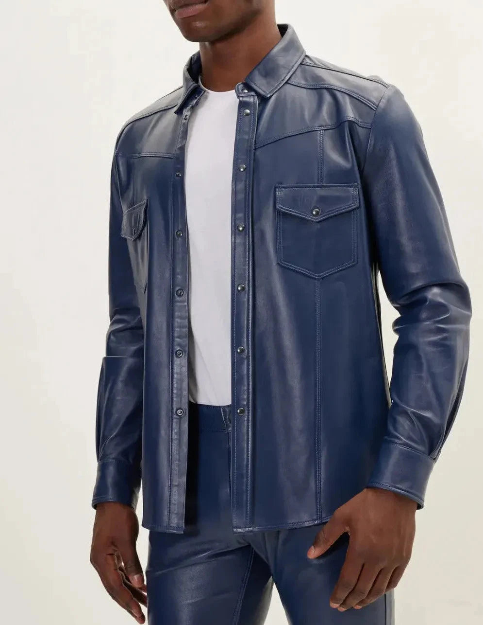 Navy Blue Leather Shirt - Premium Full-Grain Leather with Chest Pocket