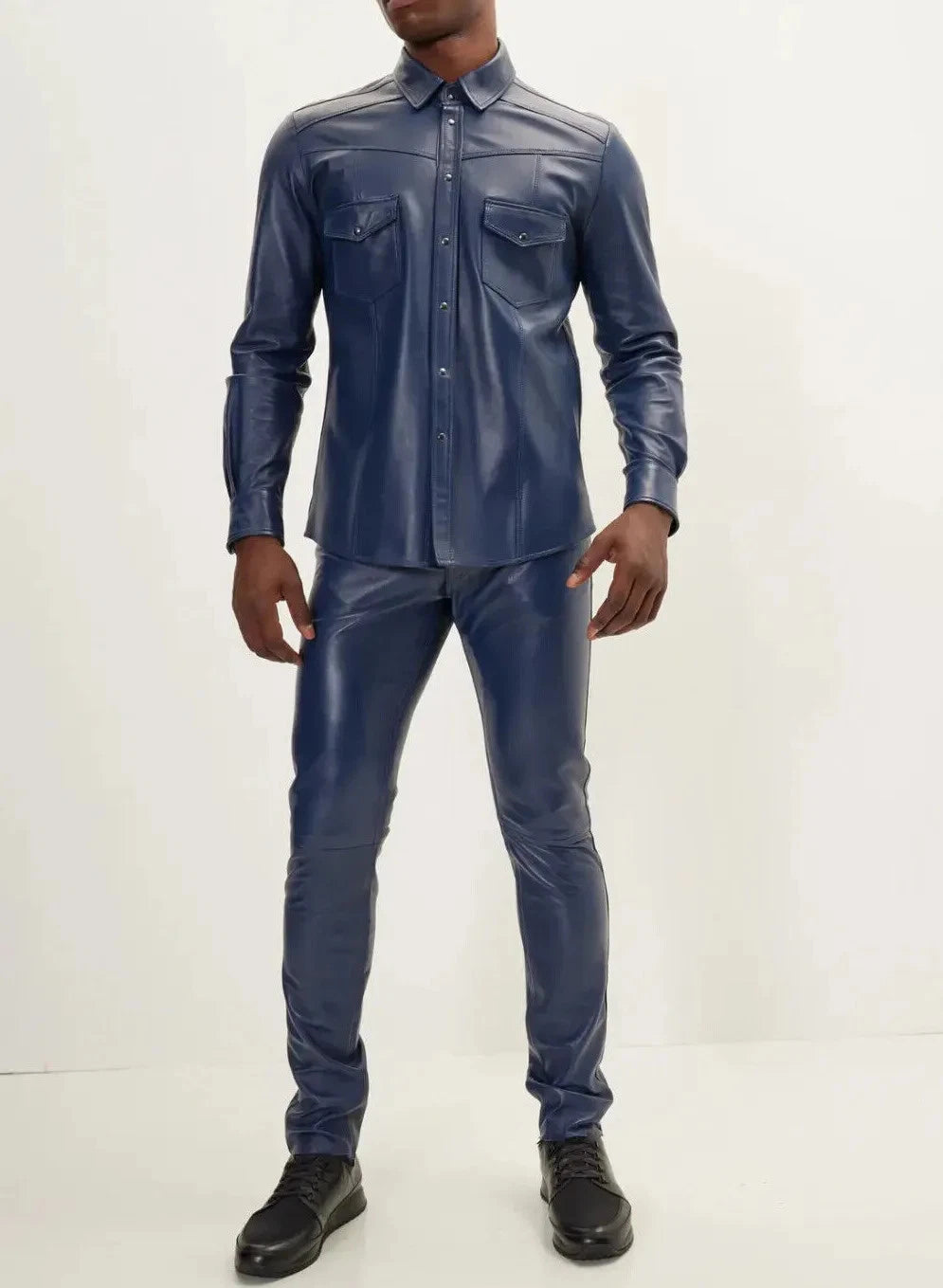 Navy Blue Leather Shirt - Premium Full-Grain Leather with Chest Pocket
