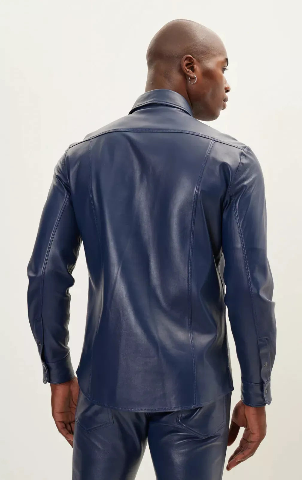 Navy Blue Leather Shirt - Premium Full-Grain Leather with Chest Pocket