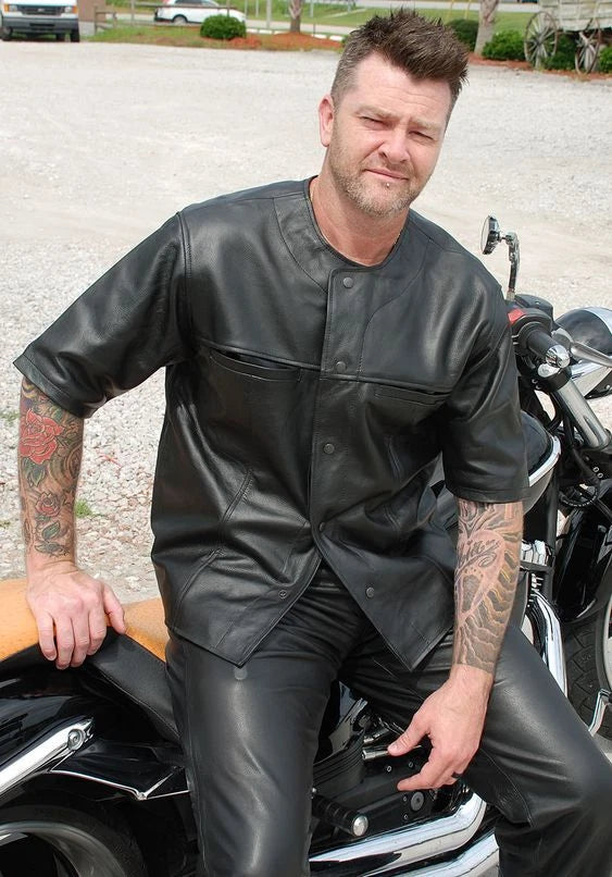 Black Leather Biker Shirt - Premium Full-Grain Leather Band Collar Shirt