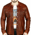 Brown Leather Shirt - Premium Full-Grain Leather with Dual Chest Pockets