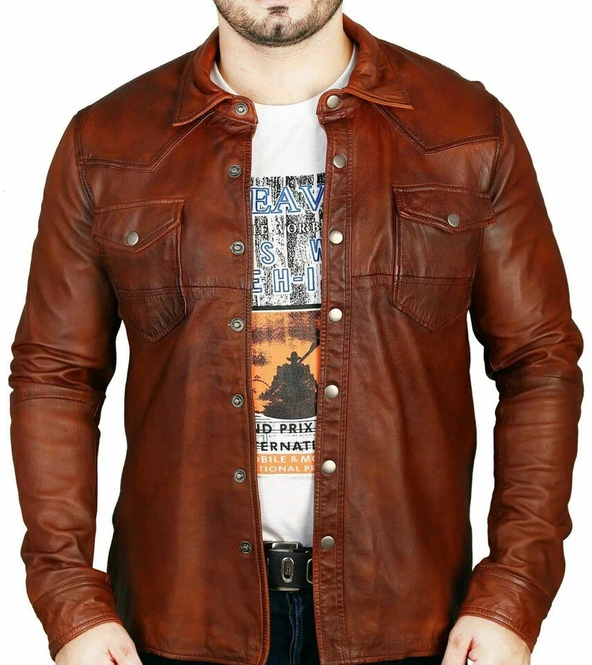 Brown Leather Shirt - Premium Full-Grain Leather with Dual Chest Pockets