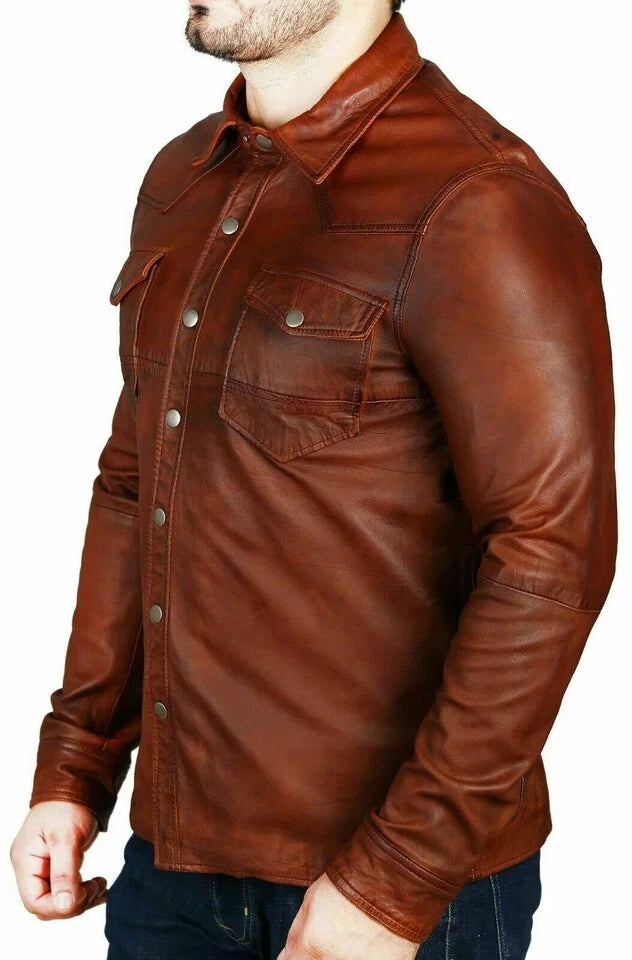 Brown Leather Shirt - Premium Full-Grain Leather with Dual Chest Pockets