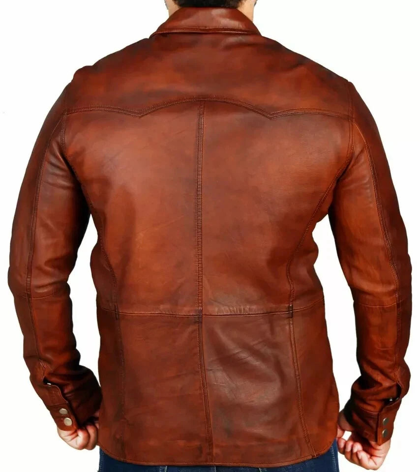 Brown Leather Shirt - Premium Full-Grain Leather with Dual Chest Pockets