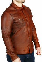 Brown Leather Shirt - Premium Full-Grain Leather with Dual Chest Pockets – close-up detail – Kamercio