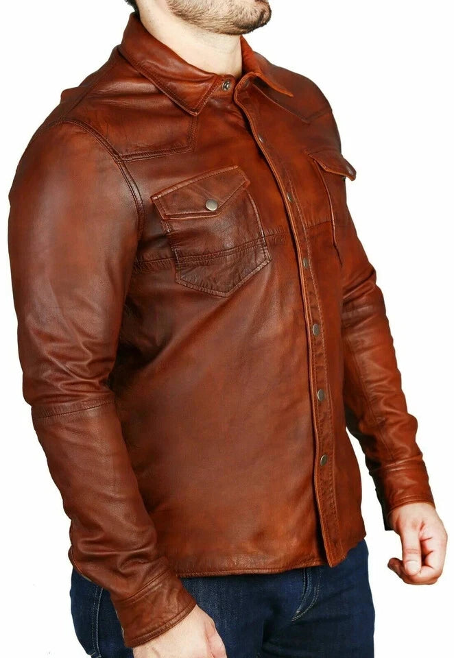Brown Leather Shirt - Premium Full-Grain Leather with Dual Chest Pockets