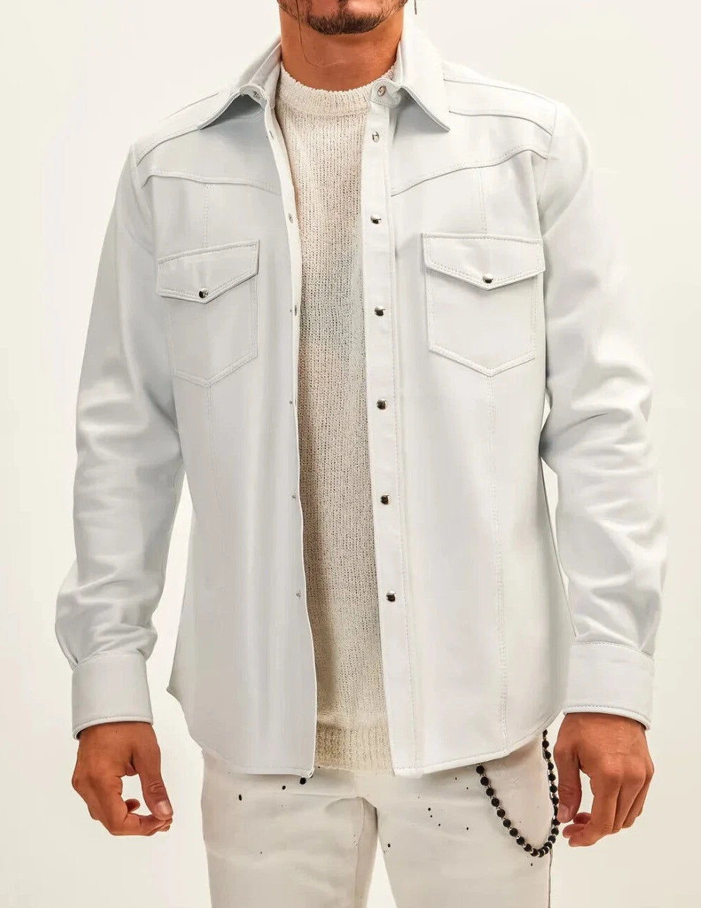 White Leather Shirt - Premium Full-Grain Leather with Shoulder Epaulettes