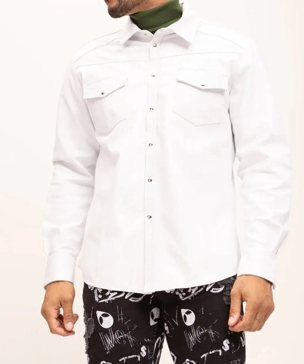 White Leather Shirt - Premium Full-Grain Leather with Shoulder Epaulettes