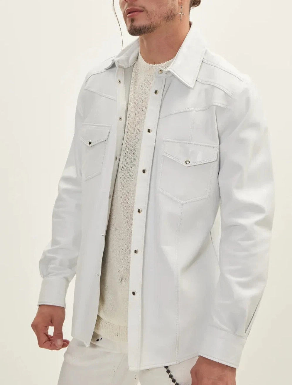 White Leather Shirt - Premium Full-Grain Leather with Shoulder Epaulettes