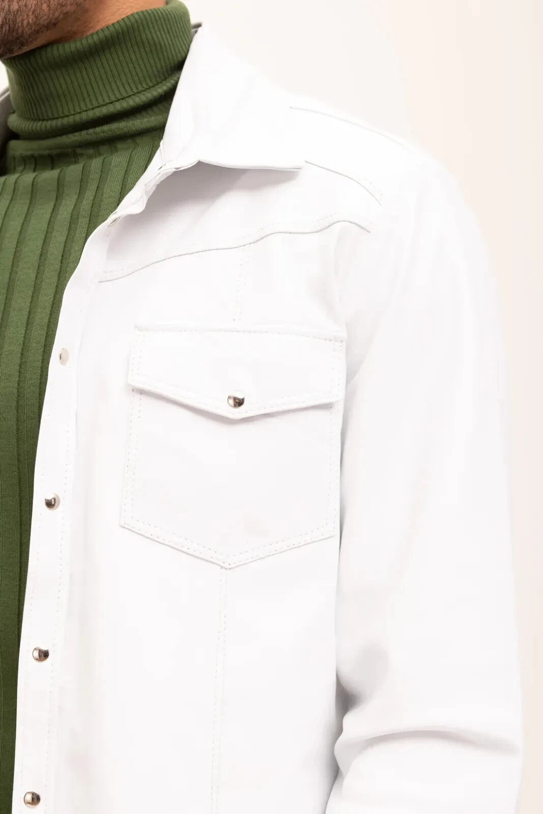 White Leather Shirt - Premium Full-Grain Leather with Shoulder Epaulettes