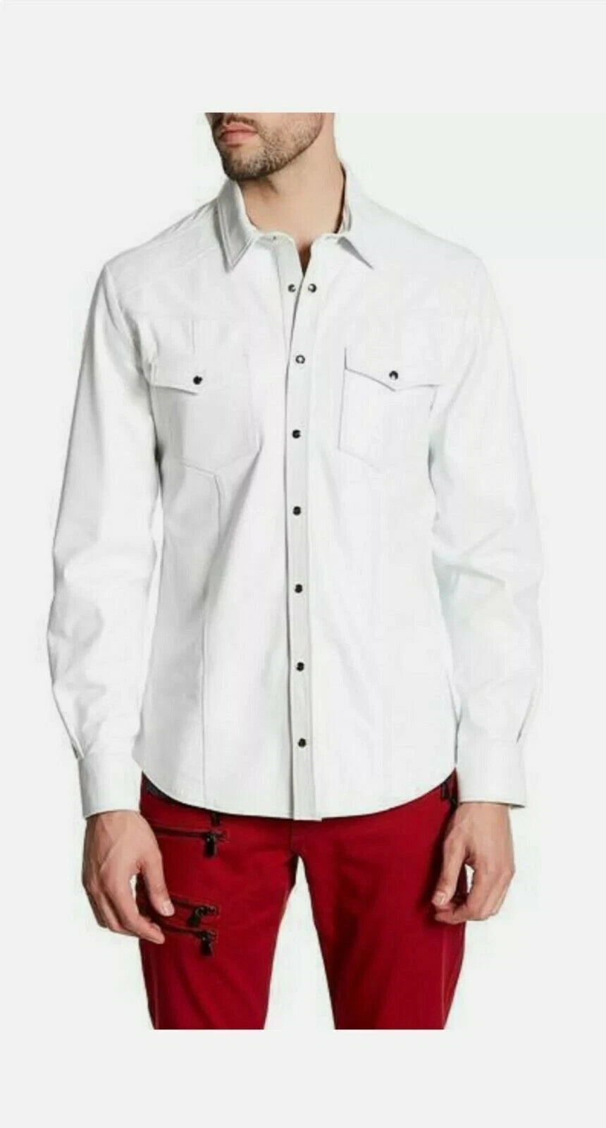 White Leather Shirt - Premium Full-Grain Leather with Shoulder Epaulettes
