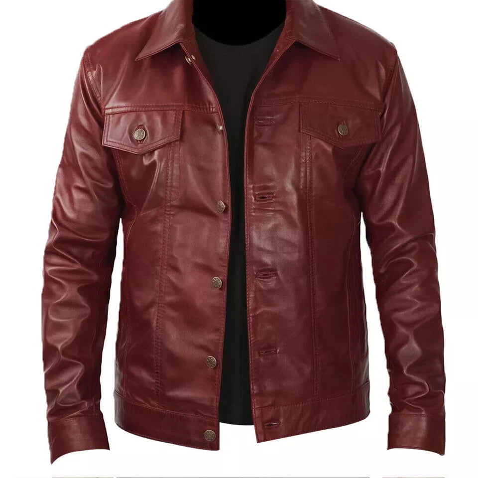 Burgundy Leather Trucker Jacket - Premium Full-Grain Leather Classic Fit