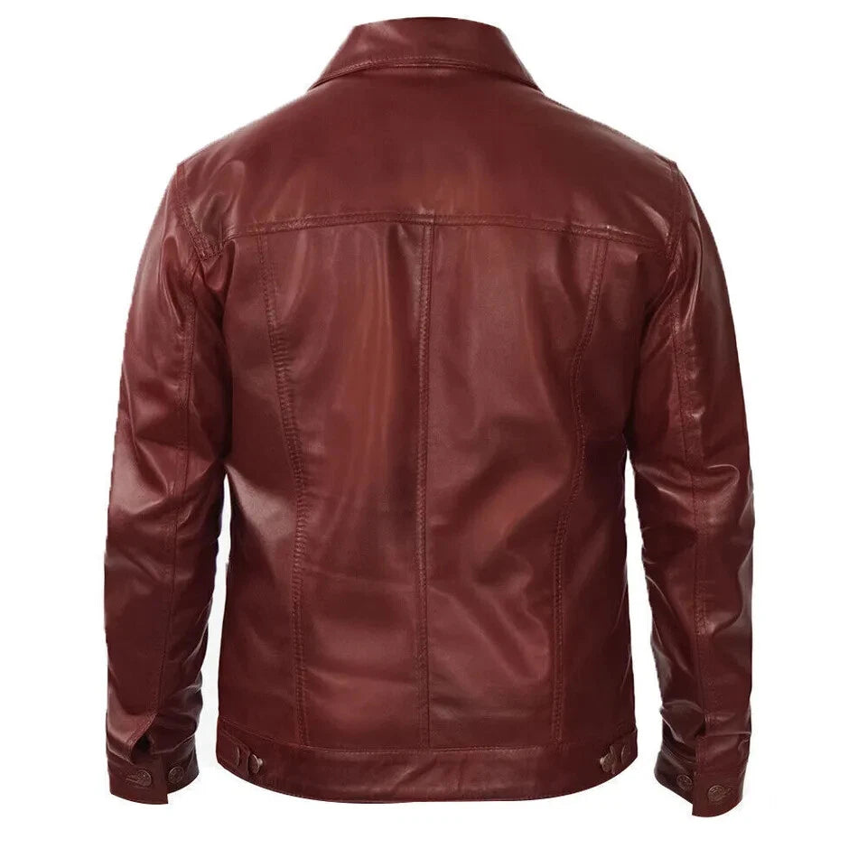 Burgundy Leather Trucker Jacket - Premium Full-Grain Leather Classic Fit