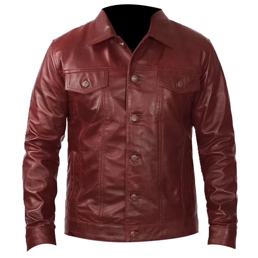 Burgundy Leather Trucker Jacket - Premium Full-Grain Leather Classic Fit