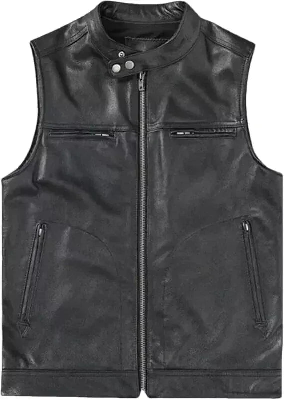Black Leather Motorcycle Vest - Premium Full-Grain Leather Biker Vest