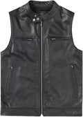 Black Leather Motorcycle Vest - Premium Full-Grain Leather Biker Vest