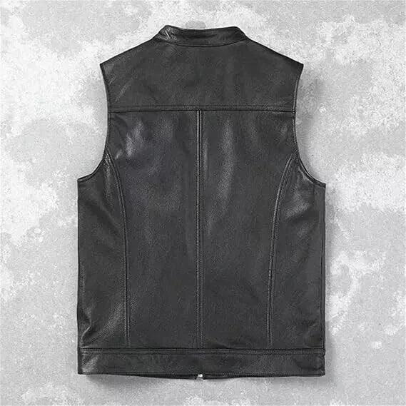 Black Leather Motorcycle Vest - Premium Full-Grain Leather Biker Vest
